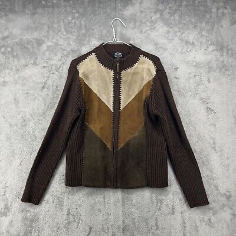 Vintage suede knit patchwork leather sweater jacket XL